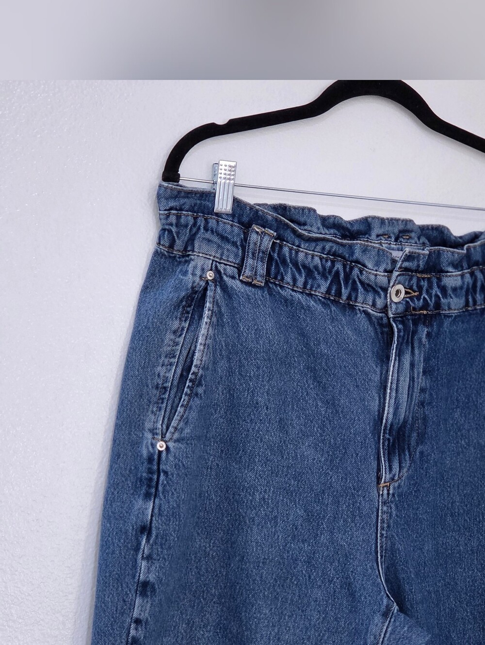 Zara Paperbag High Waisted Blue Medium Wash Barrel Jeans - Picture 5 of 7